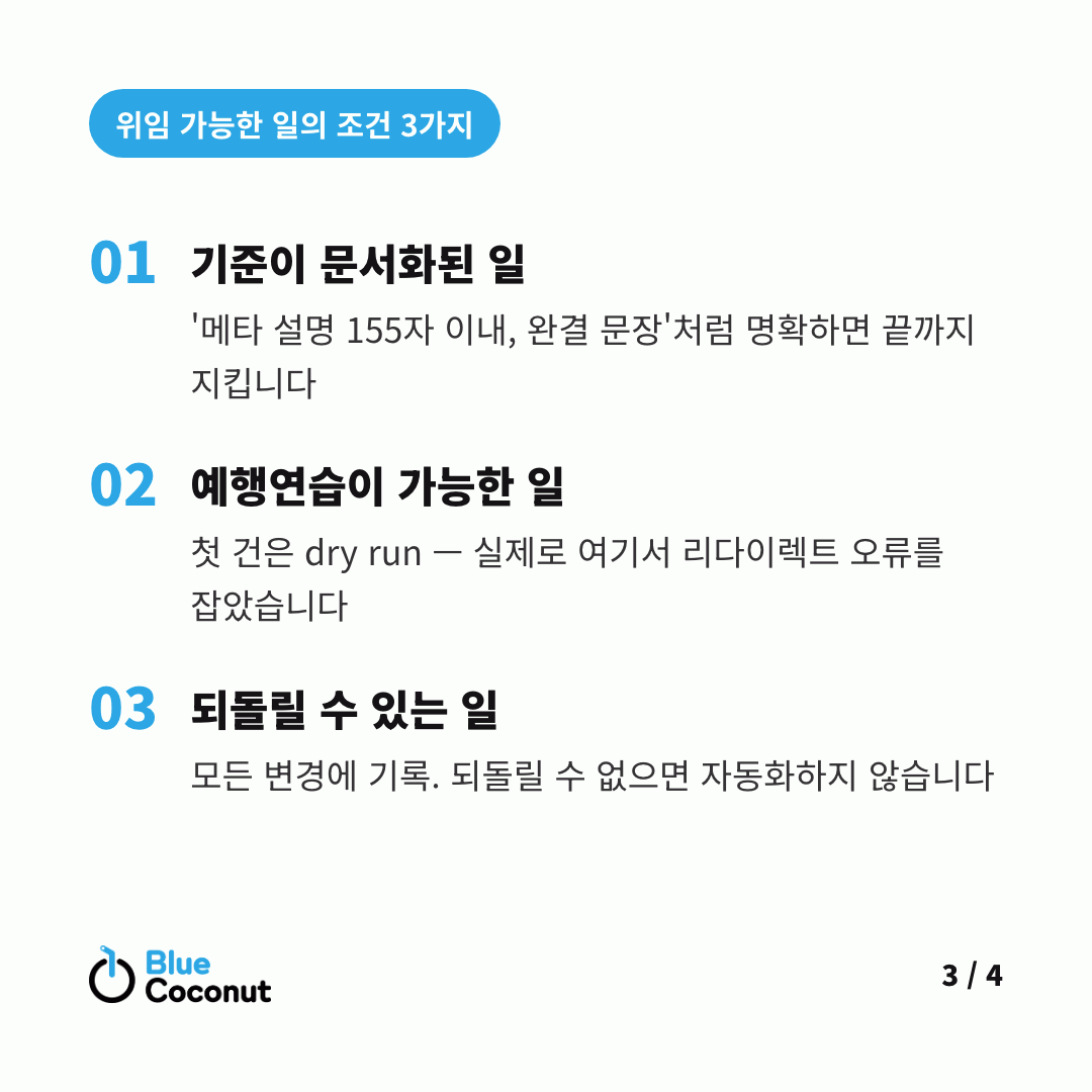 카드뉴스 3/4: 위임 가능한 일의 조건 3가지 — 기준이 문서화된 일, 예행연습이 가능한 일, 되돌릴 수 있는 일