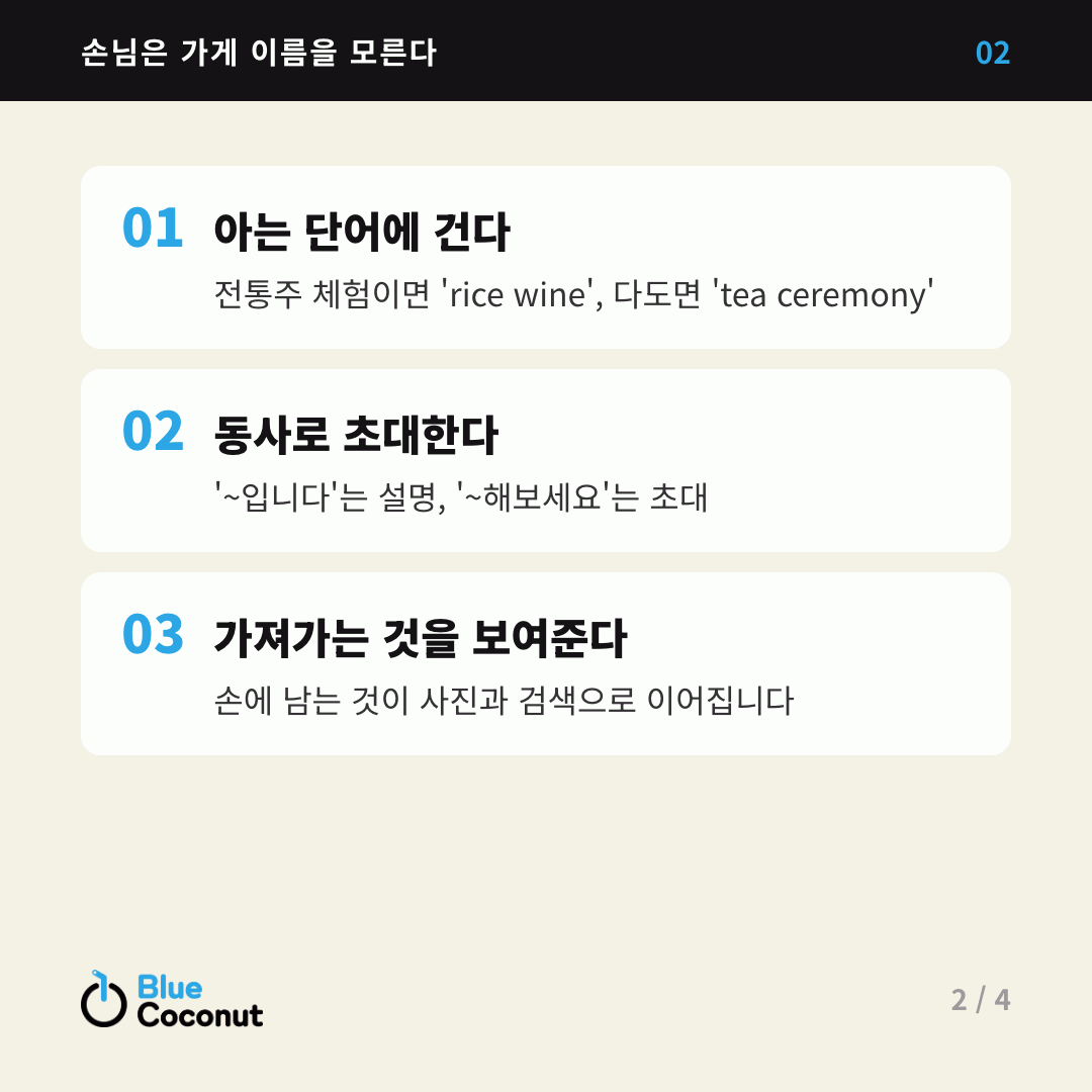 카드뉴스 2/4: 손님은 가게 이름을 모른다 — 아는 단어에 건다, 동사로 초대한다, 가져가는 것을 보여준다
