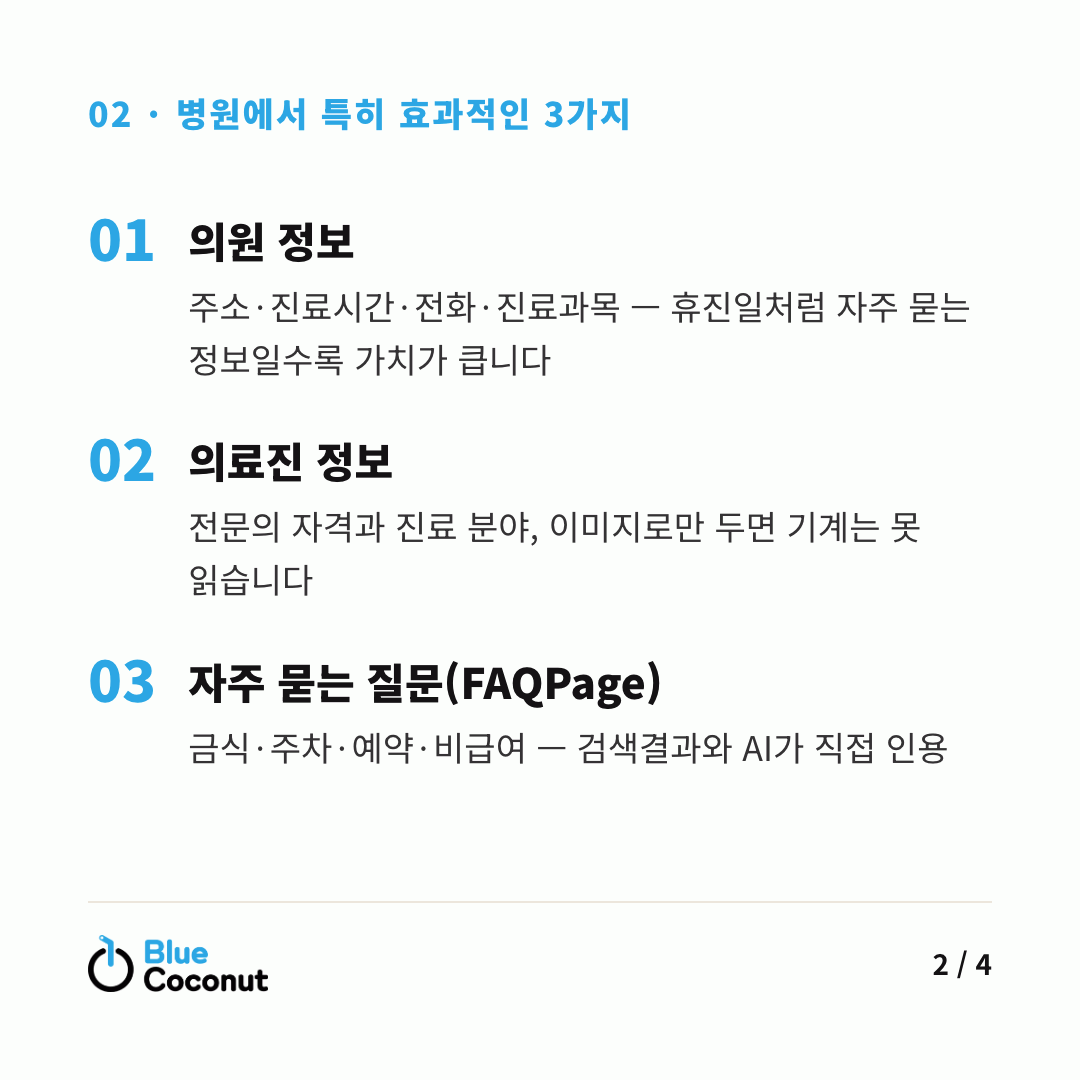 카드뉴스 2/4: 병원에서 특히 효과적인 3가지 — 의원 정보, 의료진 정보, 자주 묻는 질문(FAQPage)