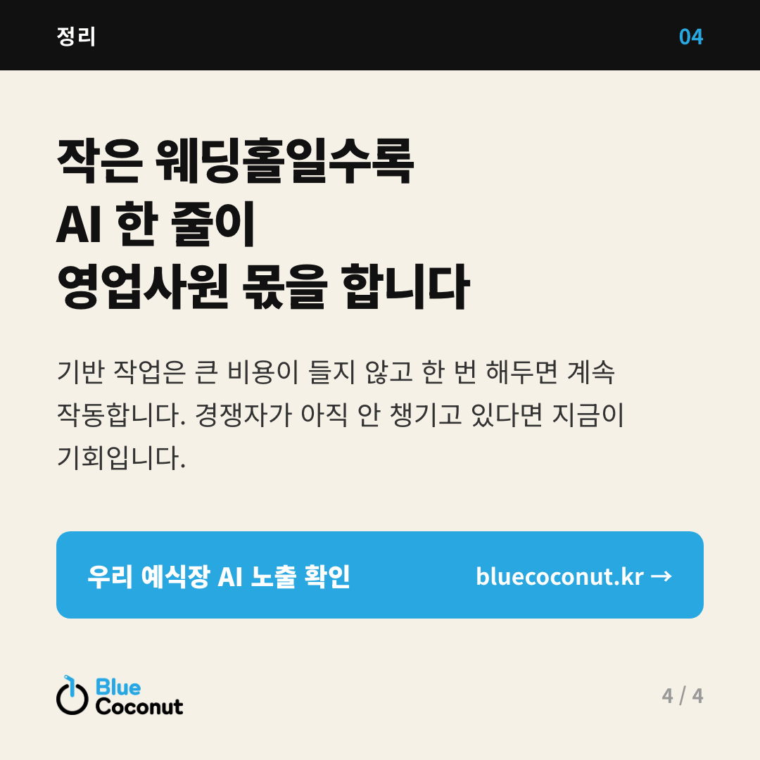 카드뉴스 4/4: 작은 웨딩홀일수록 AI 한 줄이 영업사원 몫을 합니다