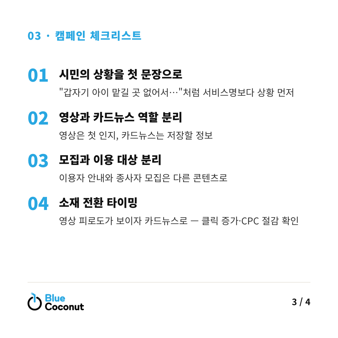 카드뉴스 3/4: 캠페인 체크리스트 — 시민의 상황을 첫 문장으로, 영상과 카드뉴스 역할 분리, 모집과 이용 대상 분리, 소재 전환 타이밍