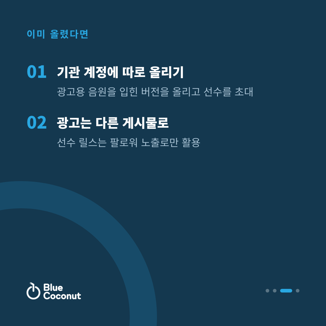 카드뉴스 3/4: 이미 올렸다면 — 기관 계정에 따로 올리기, 광고는 다른 게시물로