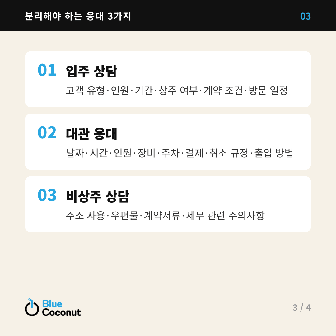 카드뉴스 3/4: 분리해야 하는 응대 3가지 — 입주 상담, 대관 응대, 비상주 상담