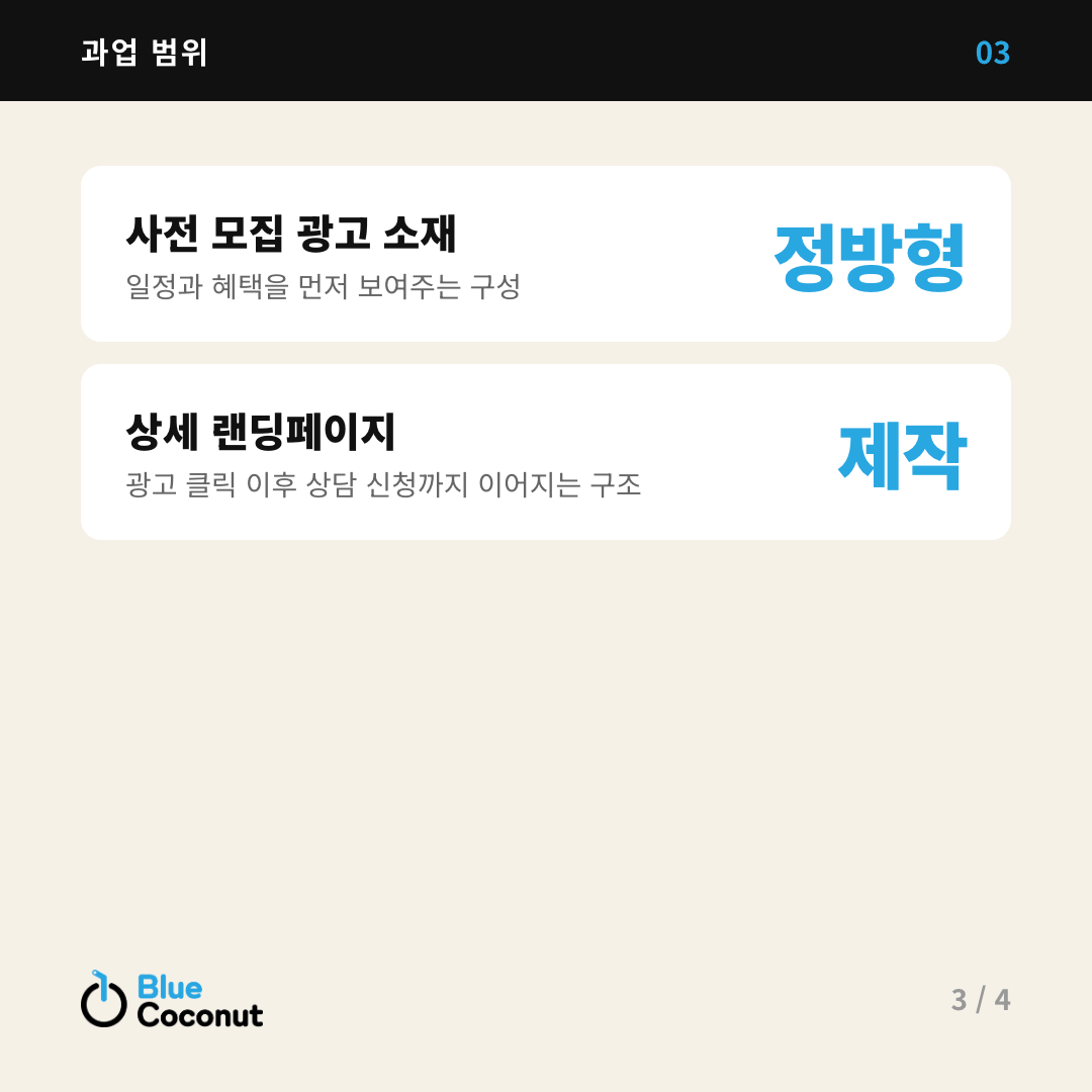카드뉴스 3/4: 과업 범위 — 사전 모집 광고 소재 정방형, 상세 랜딩페이지 제작