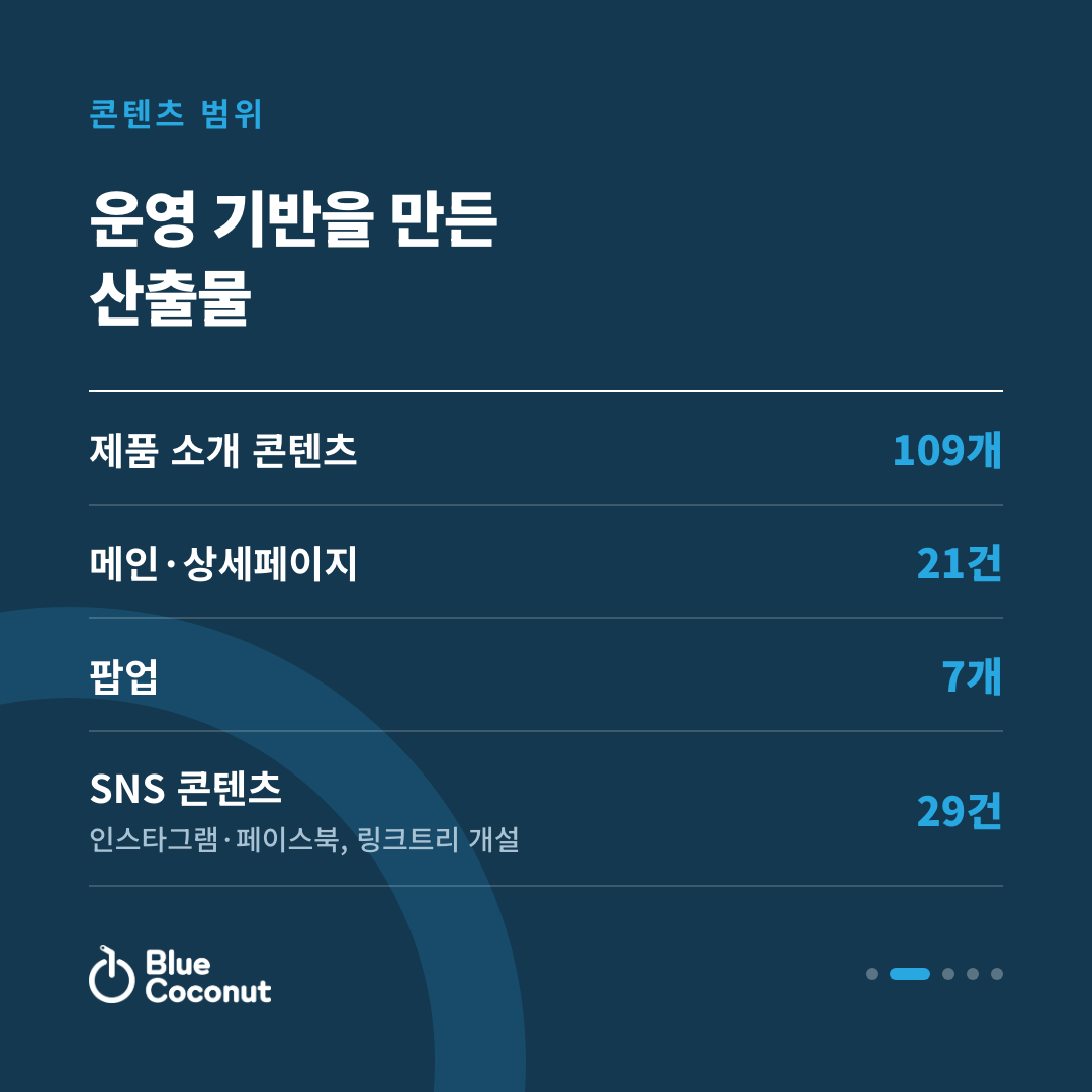 카드뉴스 2/5: 운영 기반을 만든 산출물 — 제품 소개 콘텐츠 109개, 메인·상세페이지 21건, 팝업 7개, SNS 콘텐츠 29건