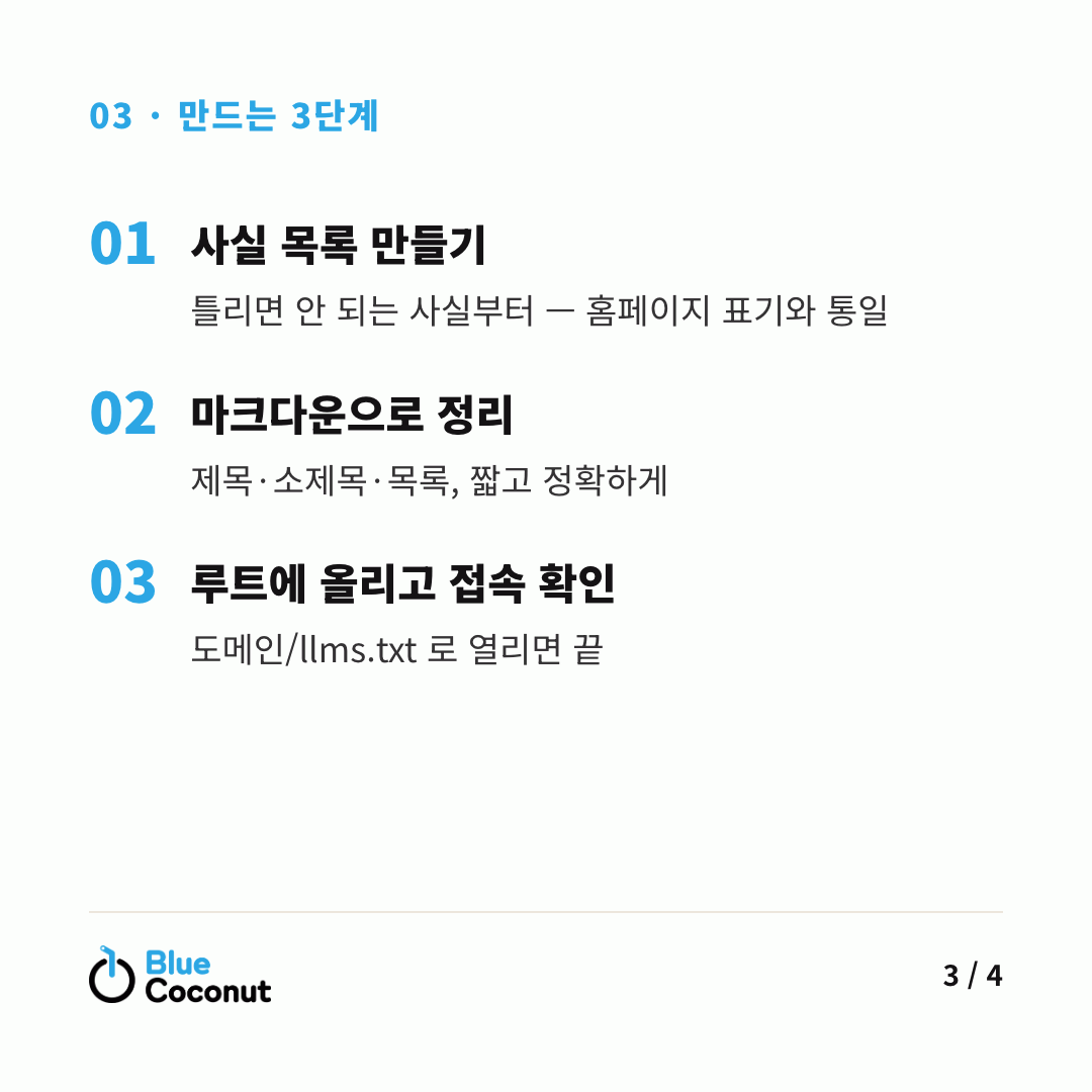 카드뉴스 3/4: 만드는 3단계 — 사실 목록 만들기, 마크다운으로 정리, 루트에 올리고 접속 확인