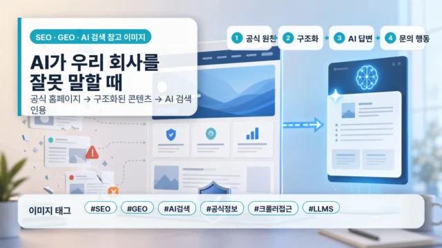 AI 검색이 사업 정보를 잘못 설명할 때 공식 홈페이지, 구조화 콘텐츠, SEO와 GEO 신호를 정비하는 흐름 인포그래픽
