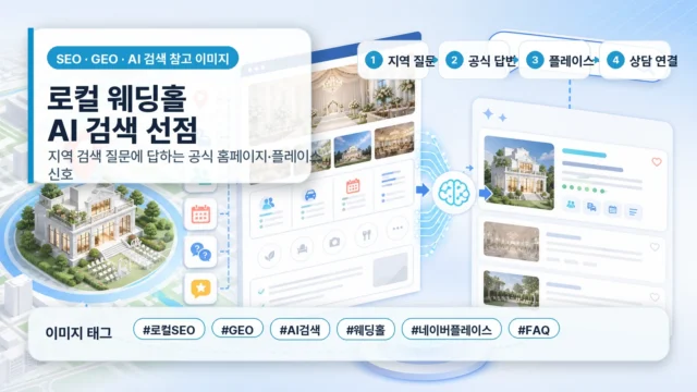 로컬 웨딩홀이 지역 검색 질문에 답하기 위해 공식 홈페이지, 네이버플레이스, FAQ, 상담 연결 신호를 정리하는 SEO GEO 인포그래픽