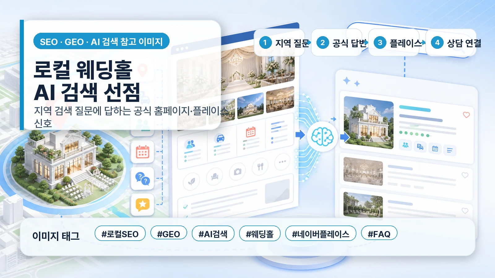 로컬 웨딩홀이 지역 검색 질문에 답하기 위해 공식 홈페이지, 네이버플레이스, FAQ, 상담 연결 신호를 정리하는 SEO GEO 인포그래픽