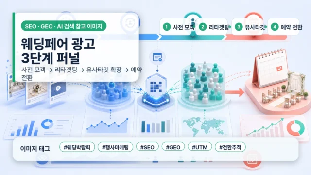 웨딩페어 광고에서 사전 모객, 리타겟팅, 유사타깃 확장, 예약 전환으로 이어지는 3단계 퍼널 인포그래픽