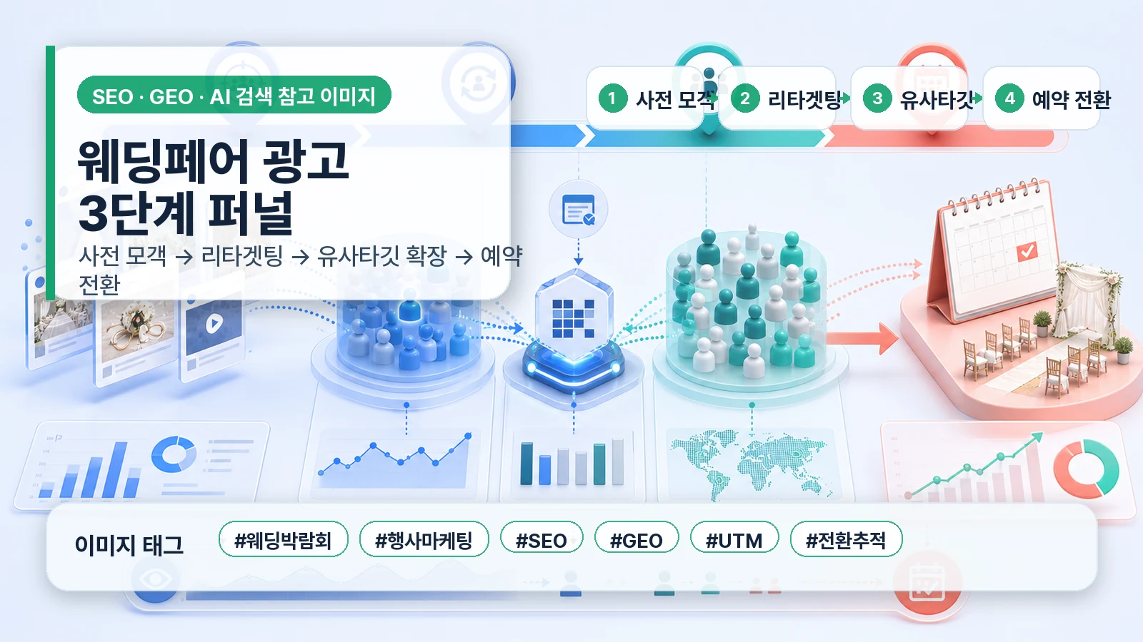 웨딩페어 광고에서 사전 모객, 리타겟팅, 유사타깃 확장, 예약 전환으로 이어지는 3단계 퍼널 인포그래픽