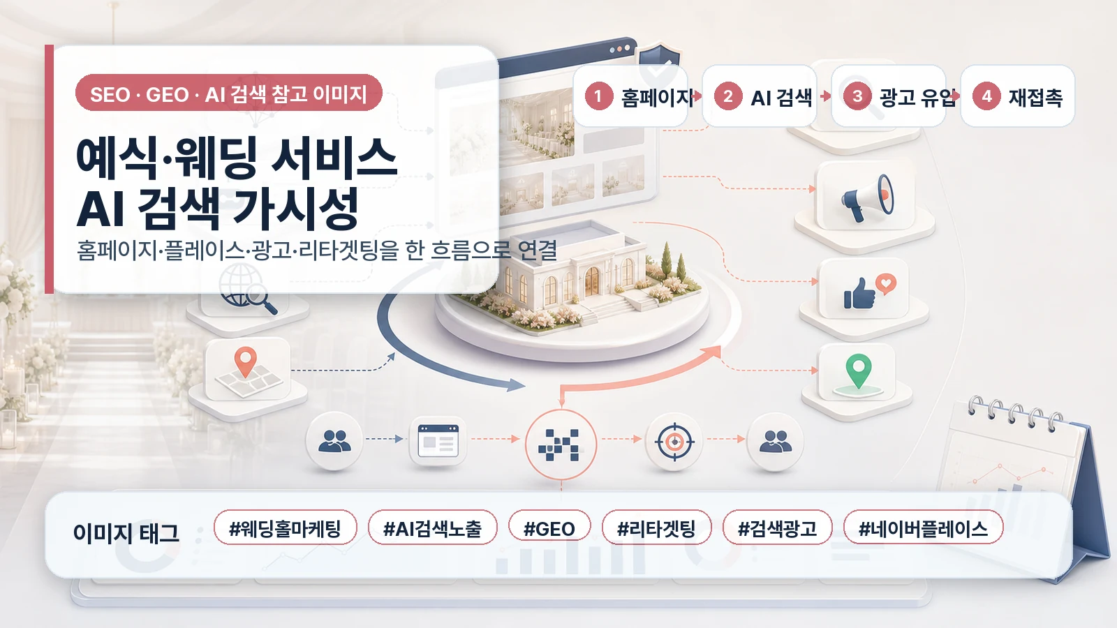 익명 예식 웨딩 서비스 사례에서 홈페이지, 네이버플레이스, 검색광고, 메타 광고, 리타겟팅을 AI 검색 가시성과 연결한 운영 구조 인포그래픽